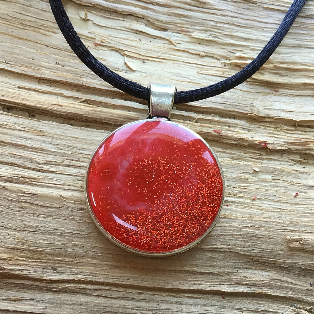 REF: TP08 - Red and white with glitter on silver pendant - NOW SOLD - L McFadden “My necklace arrived today & it’s so lovely, even better than I imagined, thank you 😊 The reverse detail was an added surprise too.☺️
