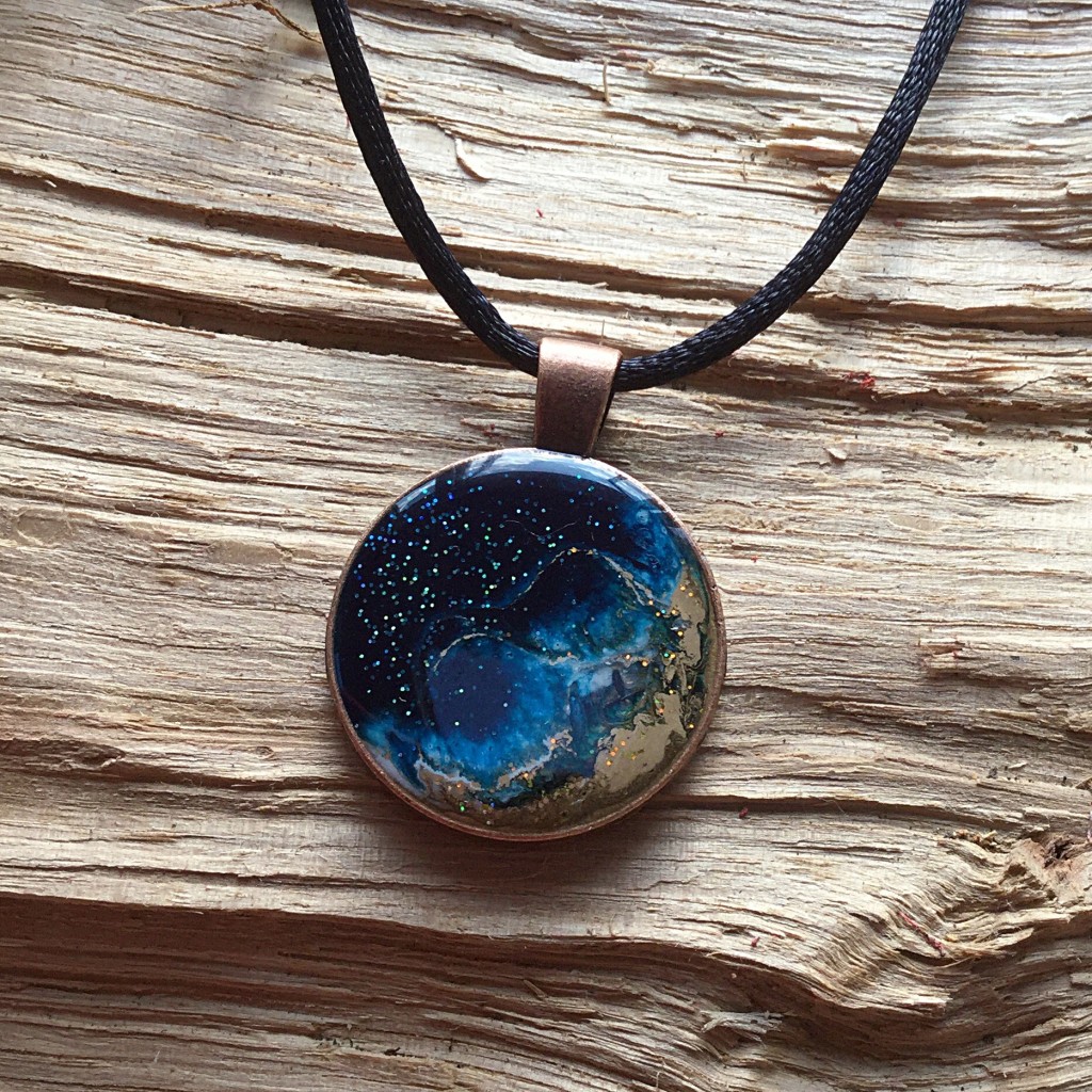 REF: TP19 - Blue and gold with glitter on bronze pendant - NOW SOLD