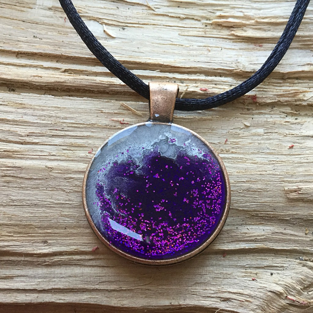 REF: TP02 - Silver and purple with glitter on bronze pendant.